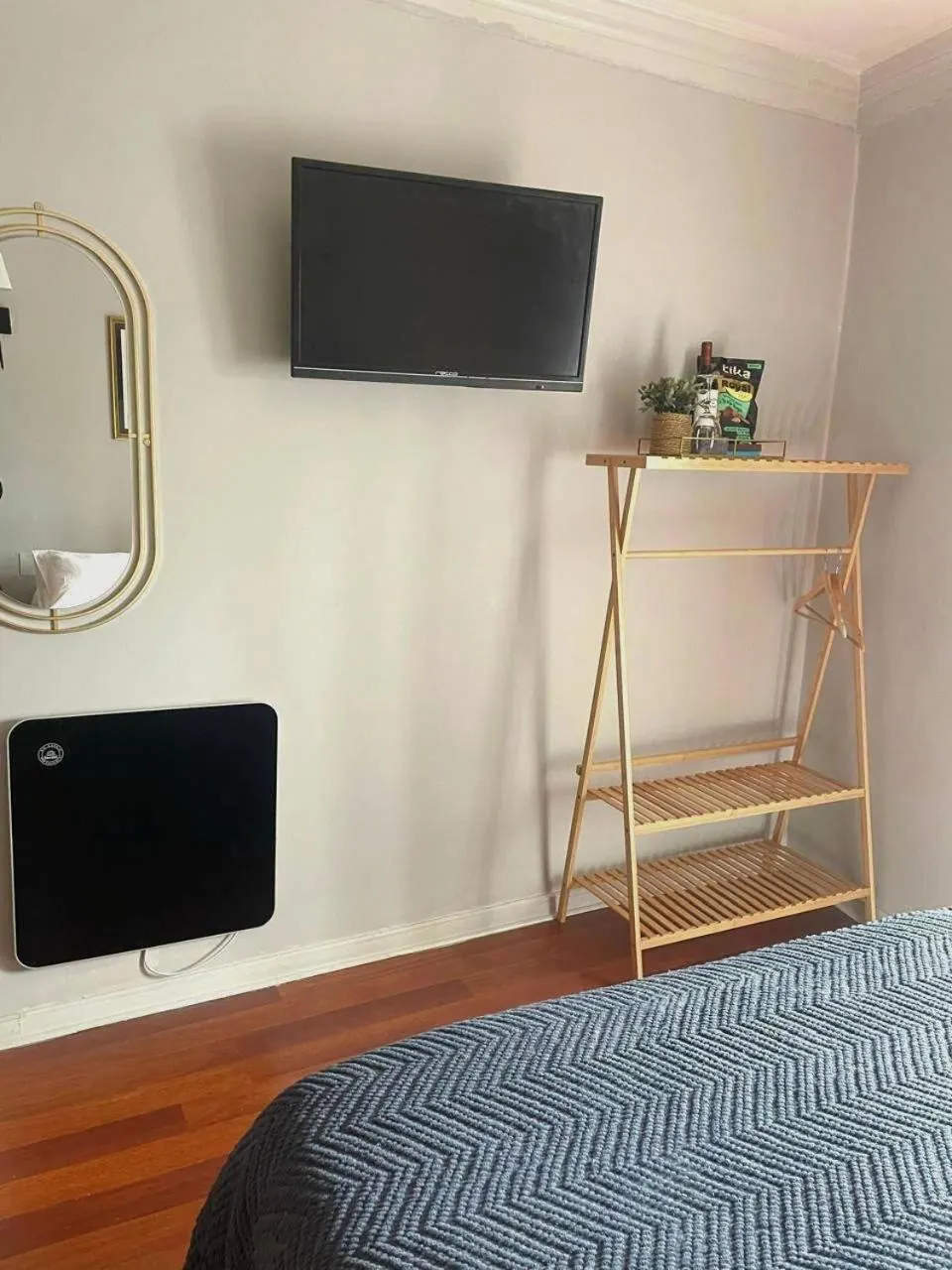 Televisor en la pared, estufa eléctrica, espejo y perchero en la Single.